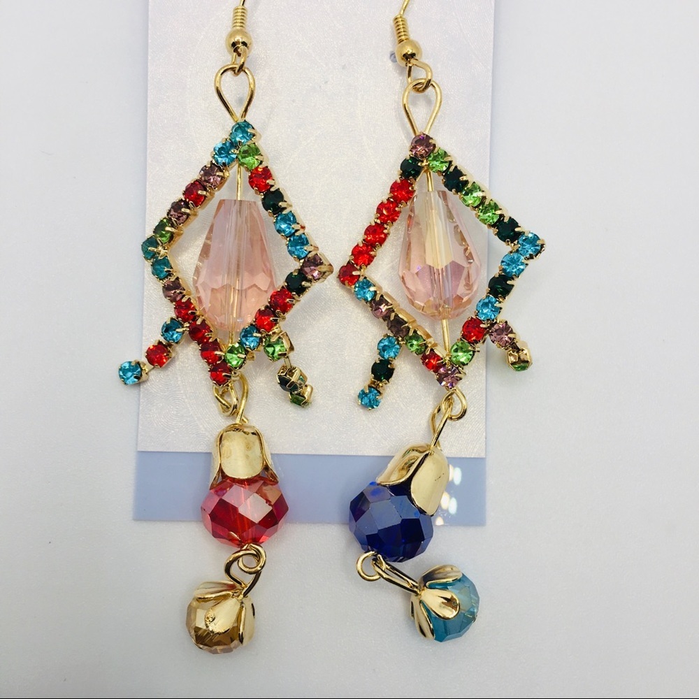 EARRINGS RHINESTONE MULTI COLORED PIERCED!
